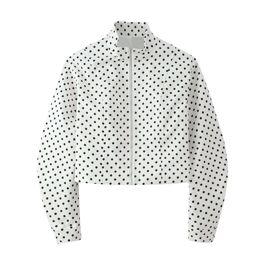 Women's Cropped Blouson Jacket in Retro Dot Print with Stand-Up Collar and Shaping Panel Seams Mune Fashion
