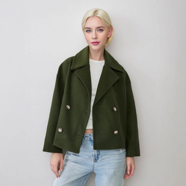 Women's Short Double-Breasted Wool Blend Coat with Oversized Lapels Mune Fashion