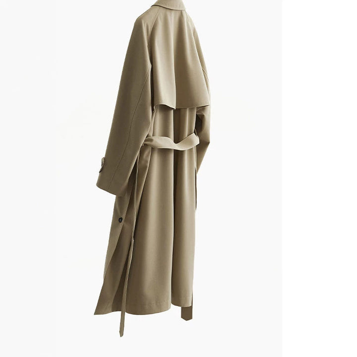 Ladies Fashionable Long Coat with High Neck Collar and Waist Belt Mune Fashion