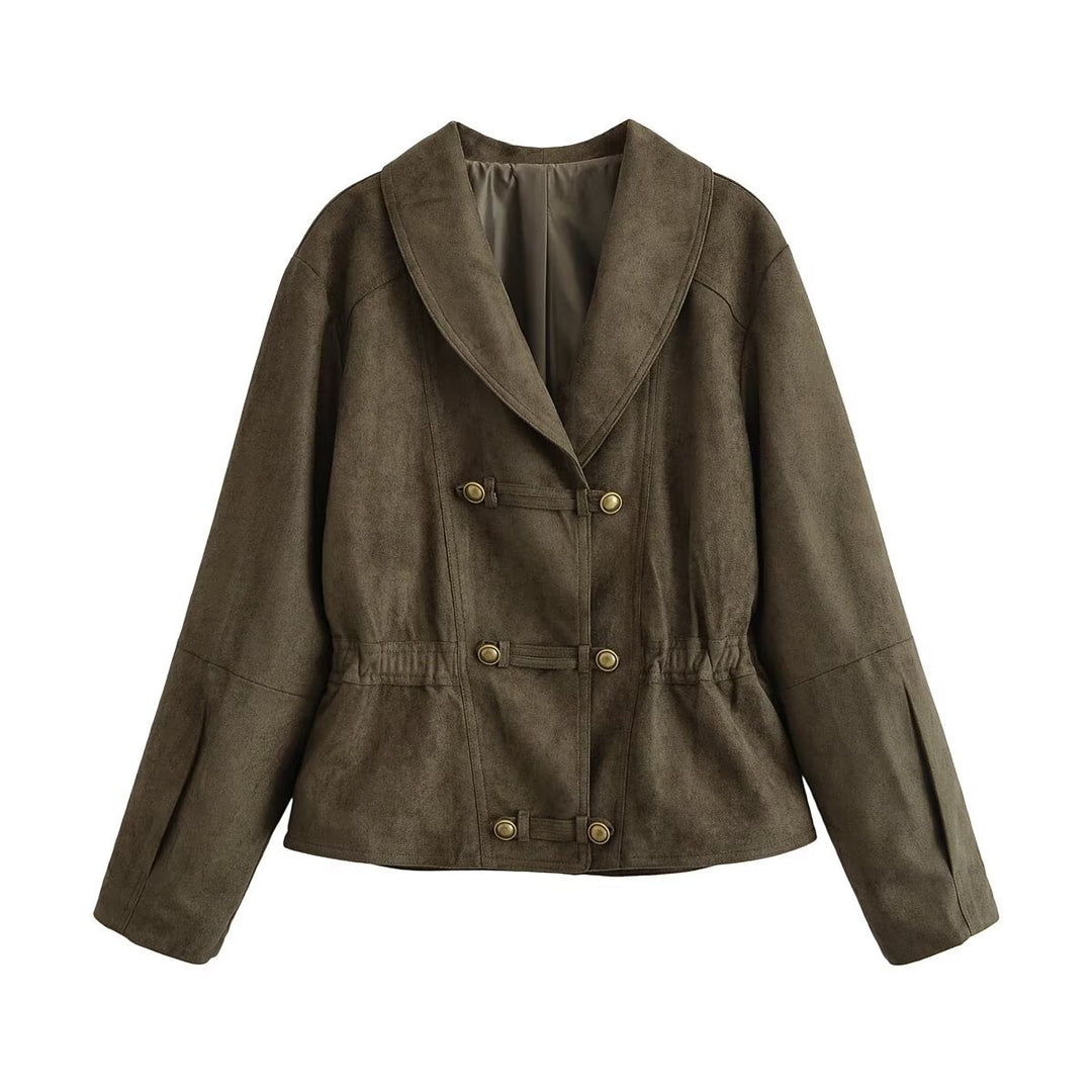 Women's Cropped Suede-Look Jacket with Shawl Collar, Waist Gather and Decorative Toggle Buttons Mune Fashion