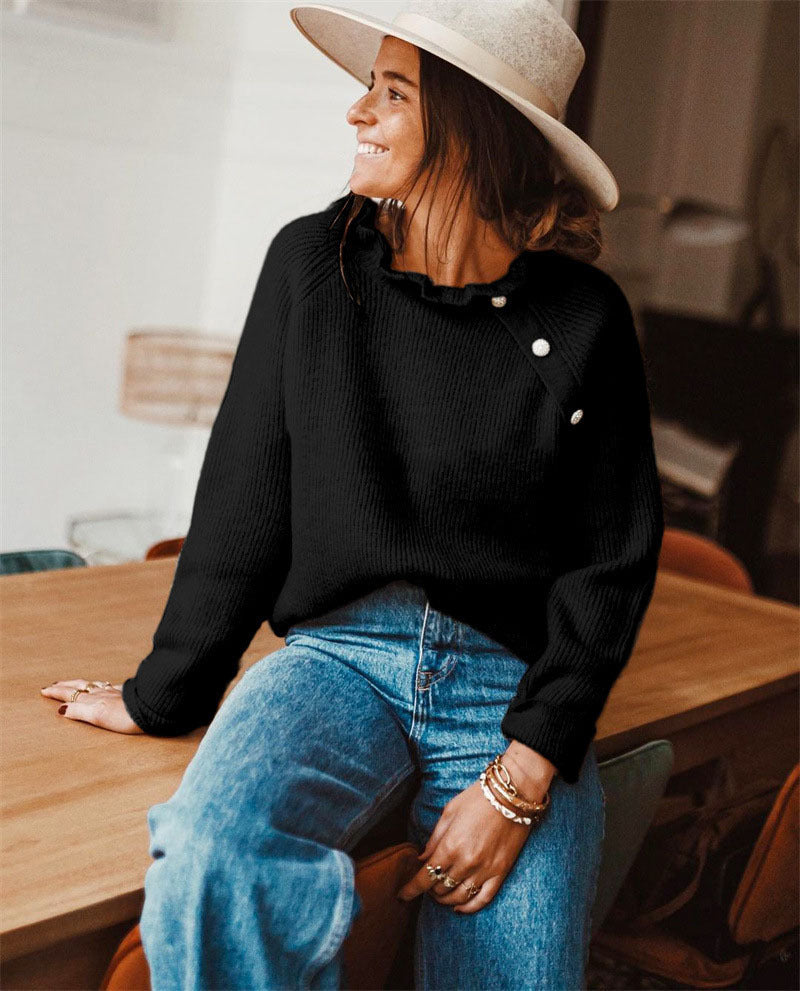 Women's ribbed sweater with ruffle collar and side button placket Drune