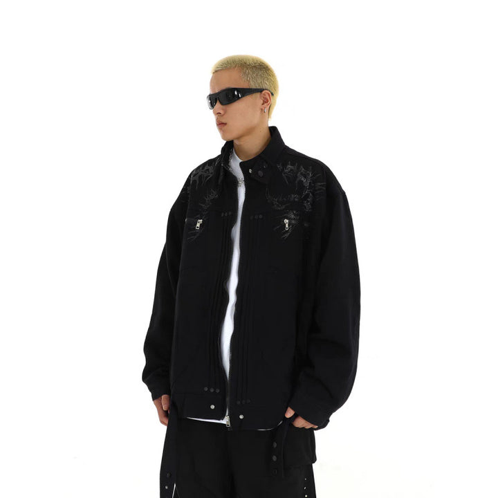 Men's Oversized Utility Jacket with Embroidery, Stand Collar, Zipper and Long Straps Mune Fashion