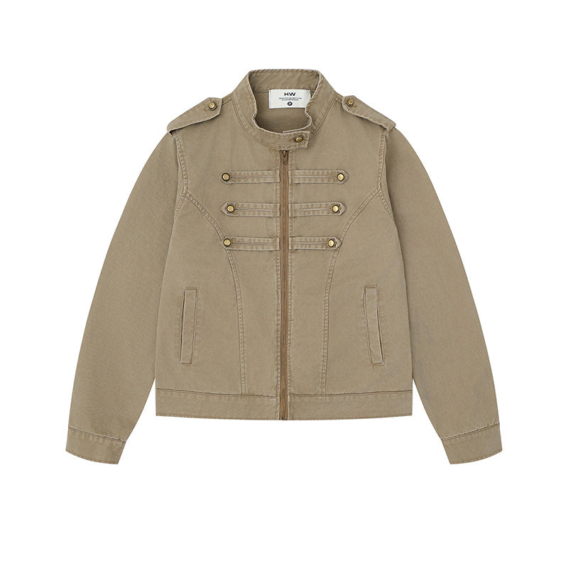 Women's military-inspired cotton canvas jacket with stand-up collar, decorative button plackets, and shoulder epaulets Mune Fashion