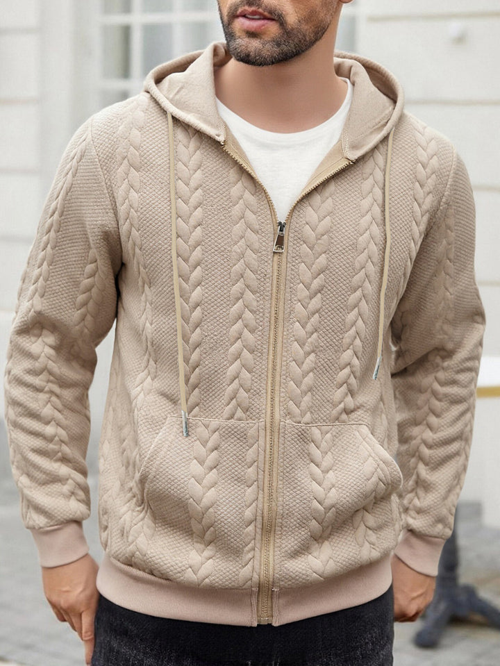 Men's knitted hooded sweat jacket with cable pattern, full zip and kangaroo pocket Mune Fashion