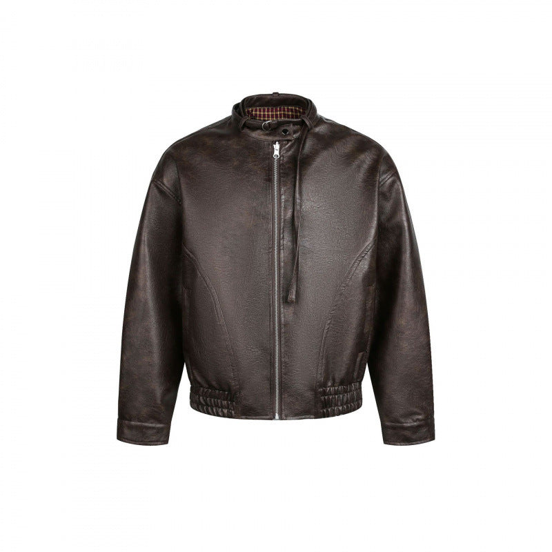 Men's leather bomber jacket with stand-up collar and elastic hem Mune Fashion