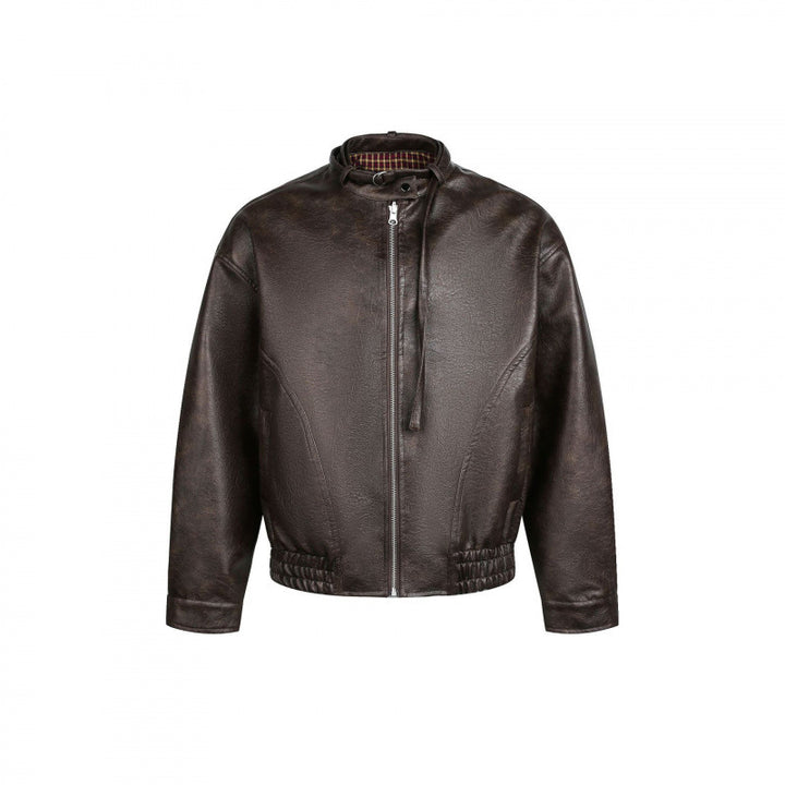 Men's leather bomber jacket with stand-up collar and elastic hem Mune Fashion