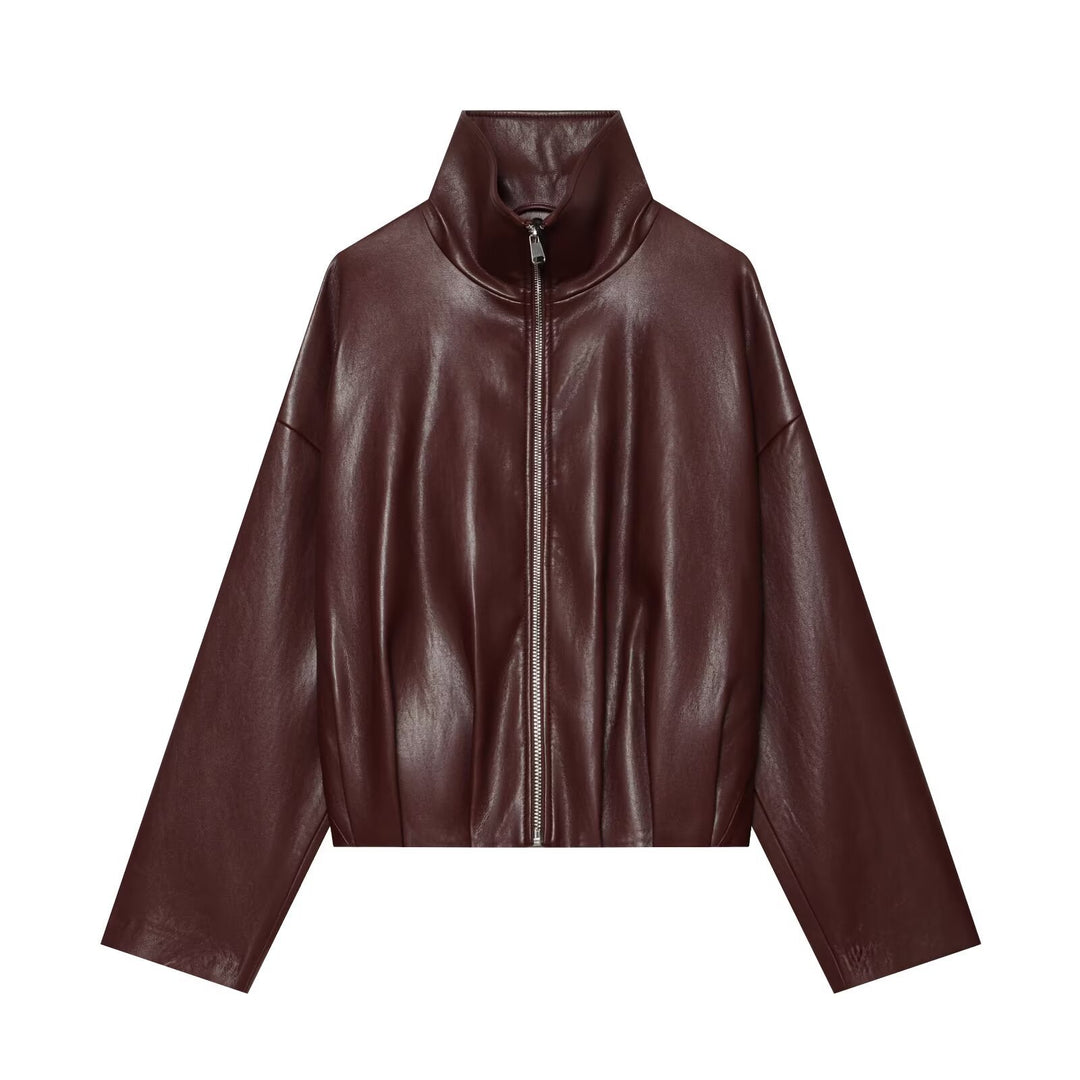 Women's Cropped Boxy Bomber Jacket in shiny leather look with high funnel collar Mune Fashion