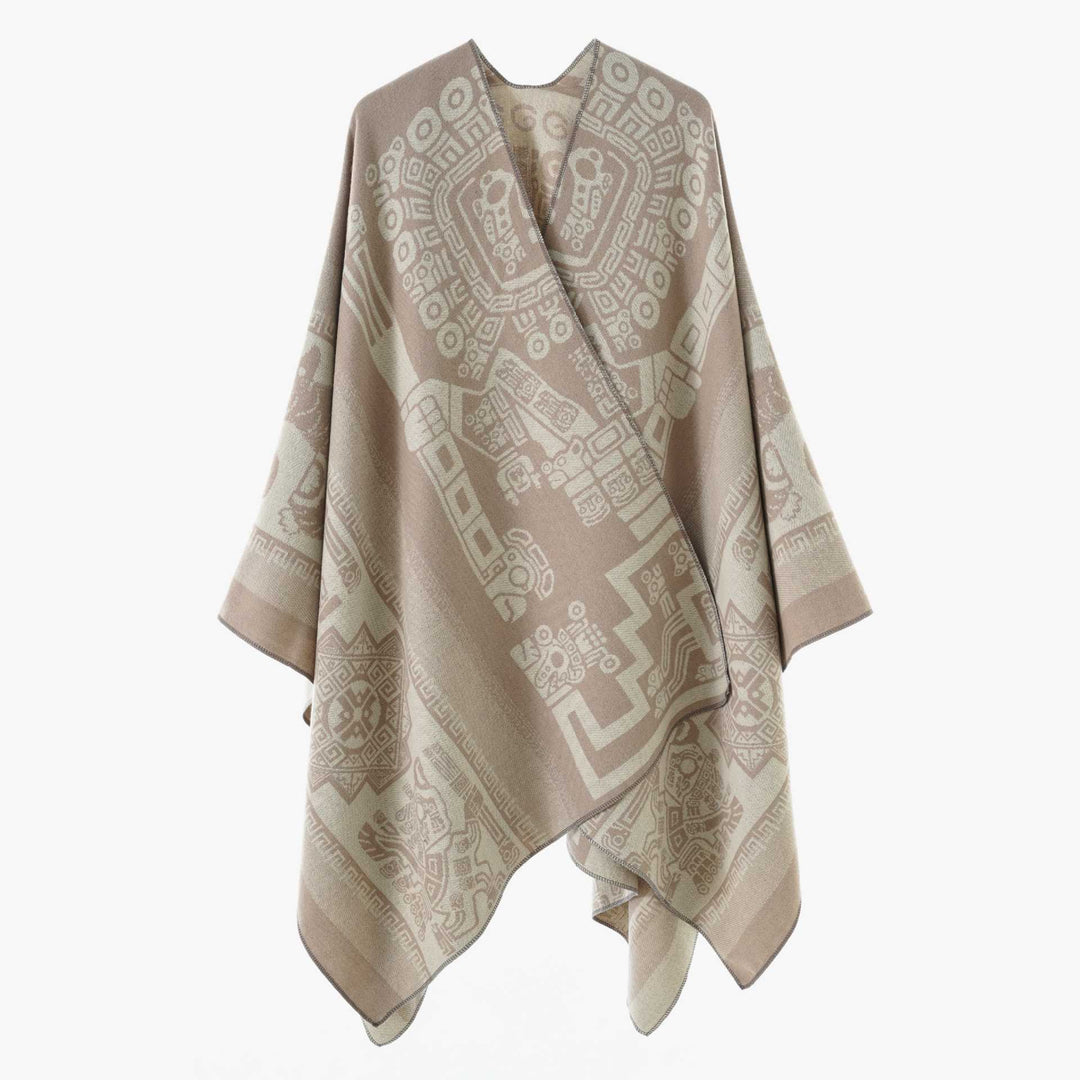 Women's Oversize Jacquard Wrap Cape with Geometric Aztec Pattern Mune Fashion