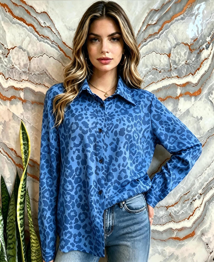 Women's Satin Leopard-Print Button-Up Blouse Mune Fashion