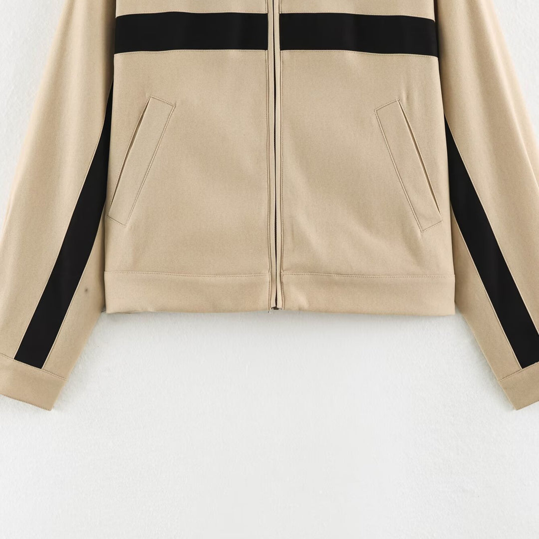 Ladies Cropped Track Jacket with Stand-up Collar, Zipper and Side Contrast Stripes Mune Fashion