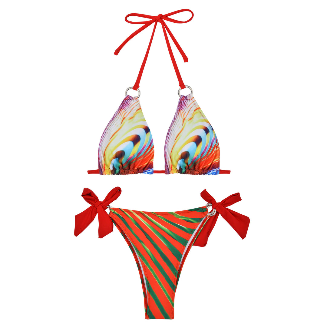 Women Triangle Bikini with stylish bows and colorful striped pattern Mune Fashion