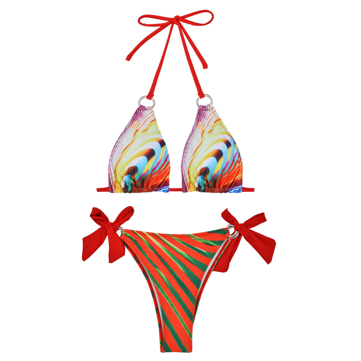 Women Triangle Bikini with stylish bows and colorful striped pattern Mune Fashion