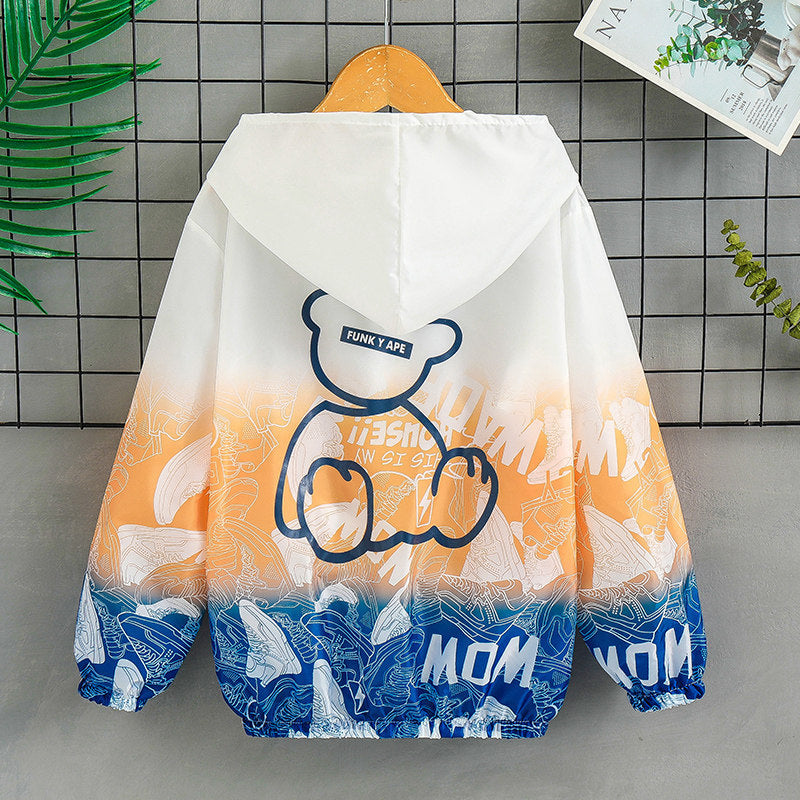 Unisex nan lightweight hoodie jacket with comic bear print, windbreaker fabric, and elastic hem Mune Fashion