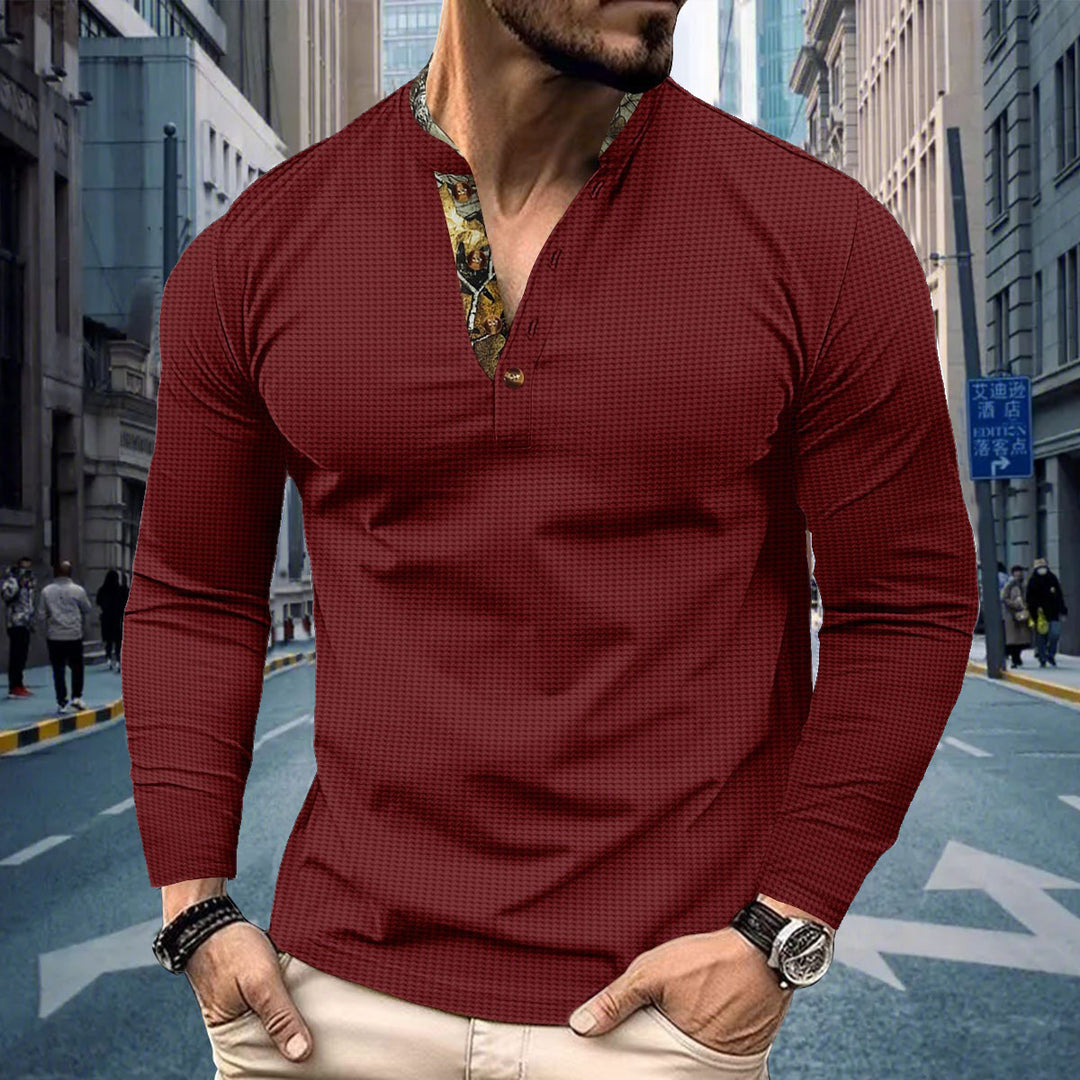 Men's long-sleeved Henley shirt with stand-up collar and patterned button placket trim Mune Fashion