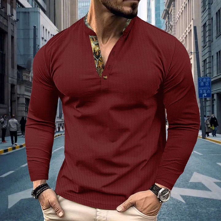 Men's long-sleeved Henley shirt with stand-up collar and patterned button placket trim Mune Fashion