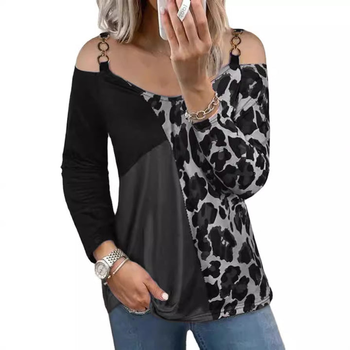 Women Off-Shoulder Patchwork Long Sleeve with Leopard Print and Ring Detail Strap Mune Fashion