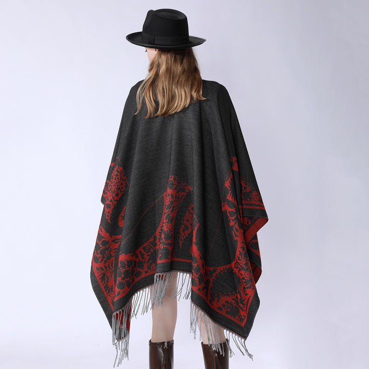 Women's Reversible Fine Knit Poncho with Jacquard Pattern and Fringed Hem Mune Fashion