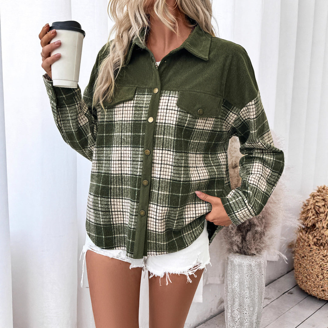 Women’s oversized check shirt jacket with corduroy collar and patch chest pockets Mune Fashion