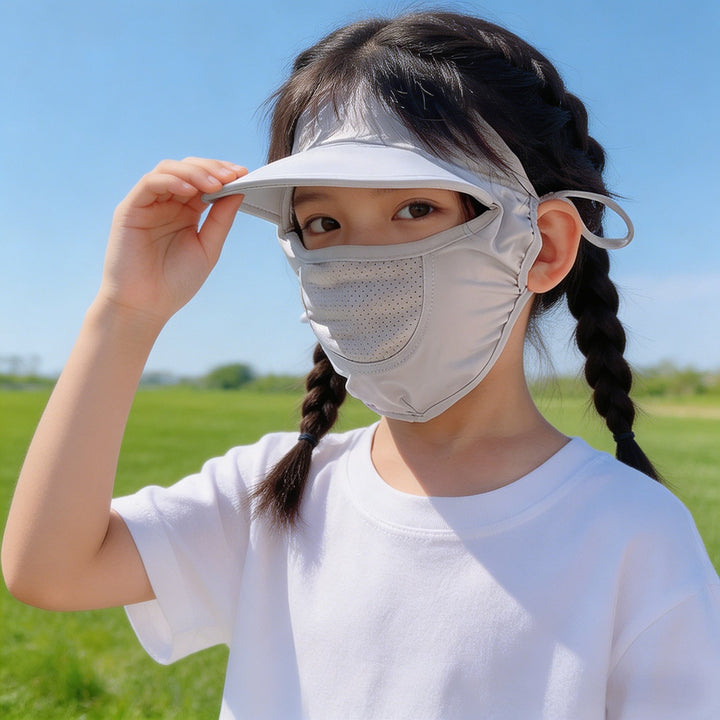Unisex nan children's sun visor with integrated breathable face mask, adjustable neck strap, and perforated chin area Mune Fashion