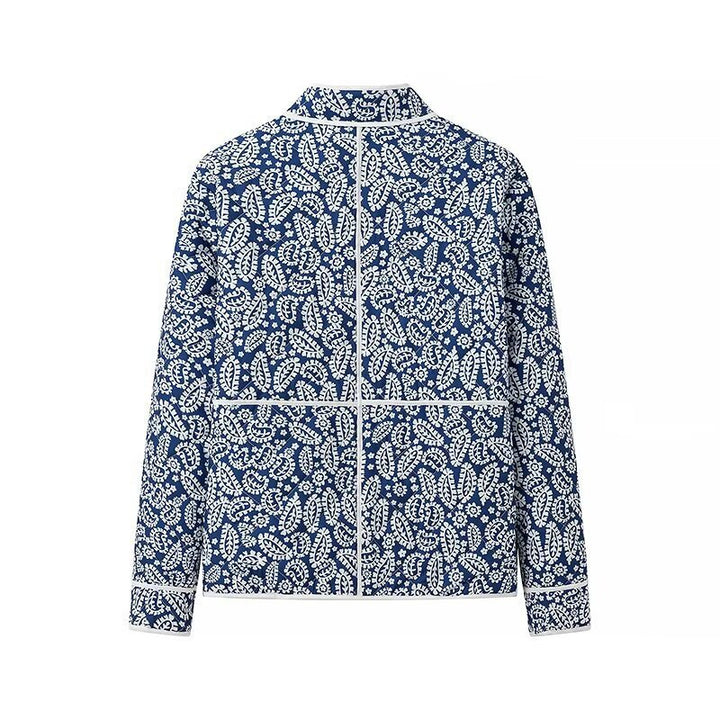 Women quilted transitional jacket withStand-up collar, paisley print and contrasting piping Mune Fashion