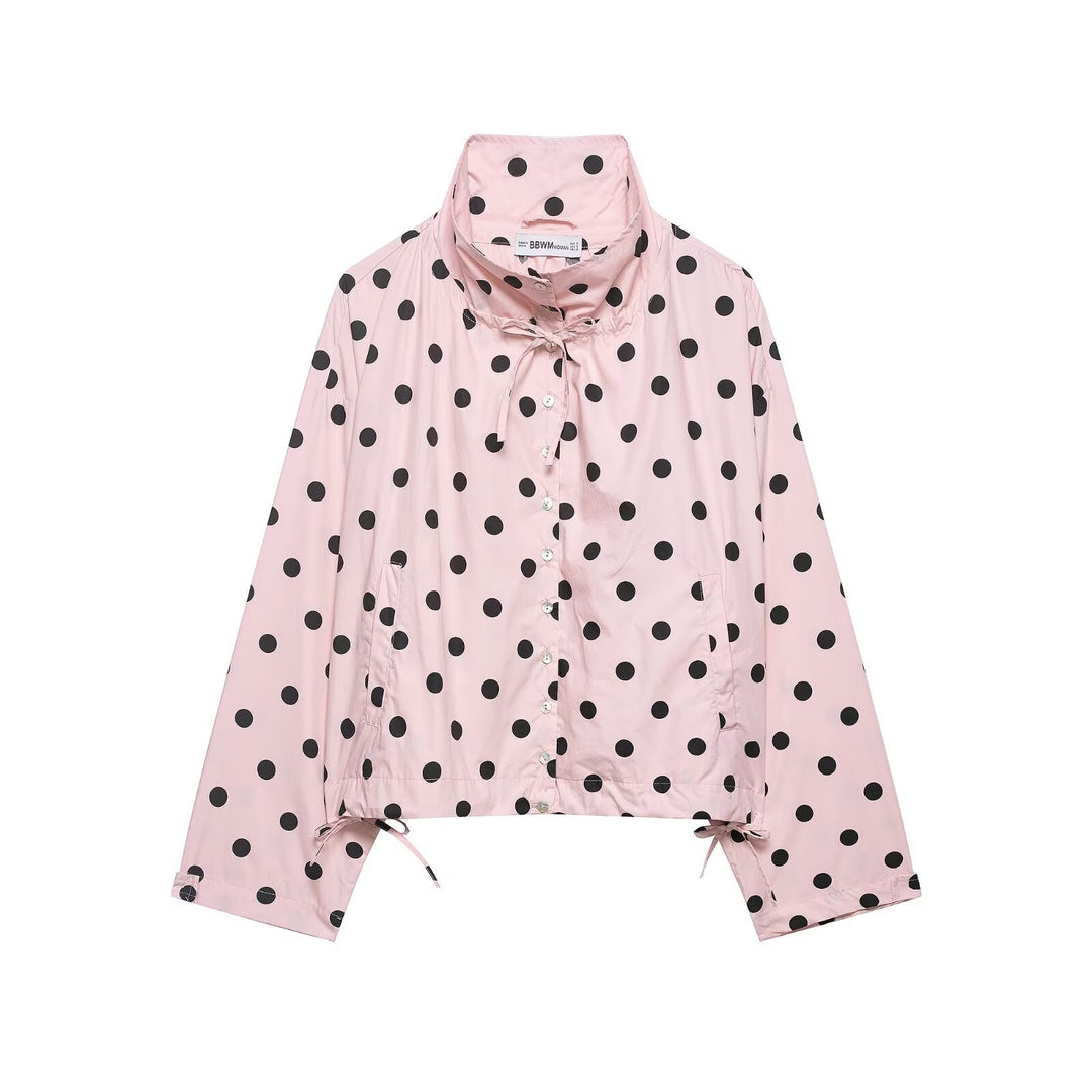 Women Lightweight Oversized Polka Dot Windbreaker with Stand-up Collar, Button Placket and Drawstring Mune Fashion