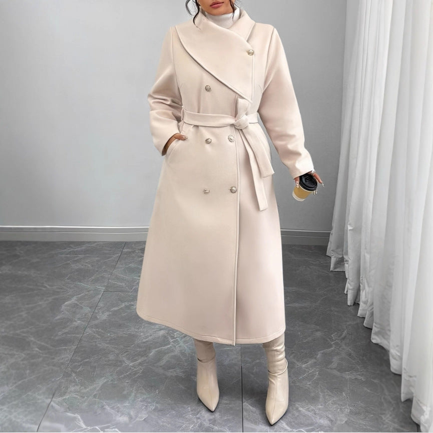 Women's Double-Breasted Wool Blend Coat with Wide Shawl Collar and Tie Belt Mune Fashion