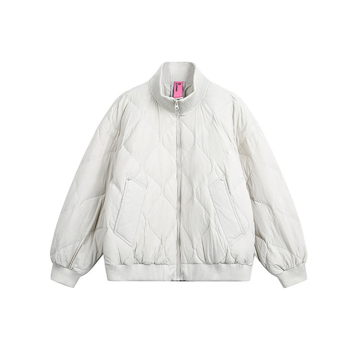 Ladies Quilted Short Blouson Jacket with Stand-Up Collar and Elastic Hem