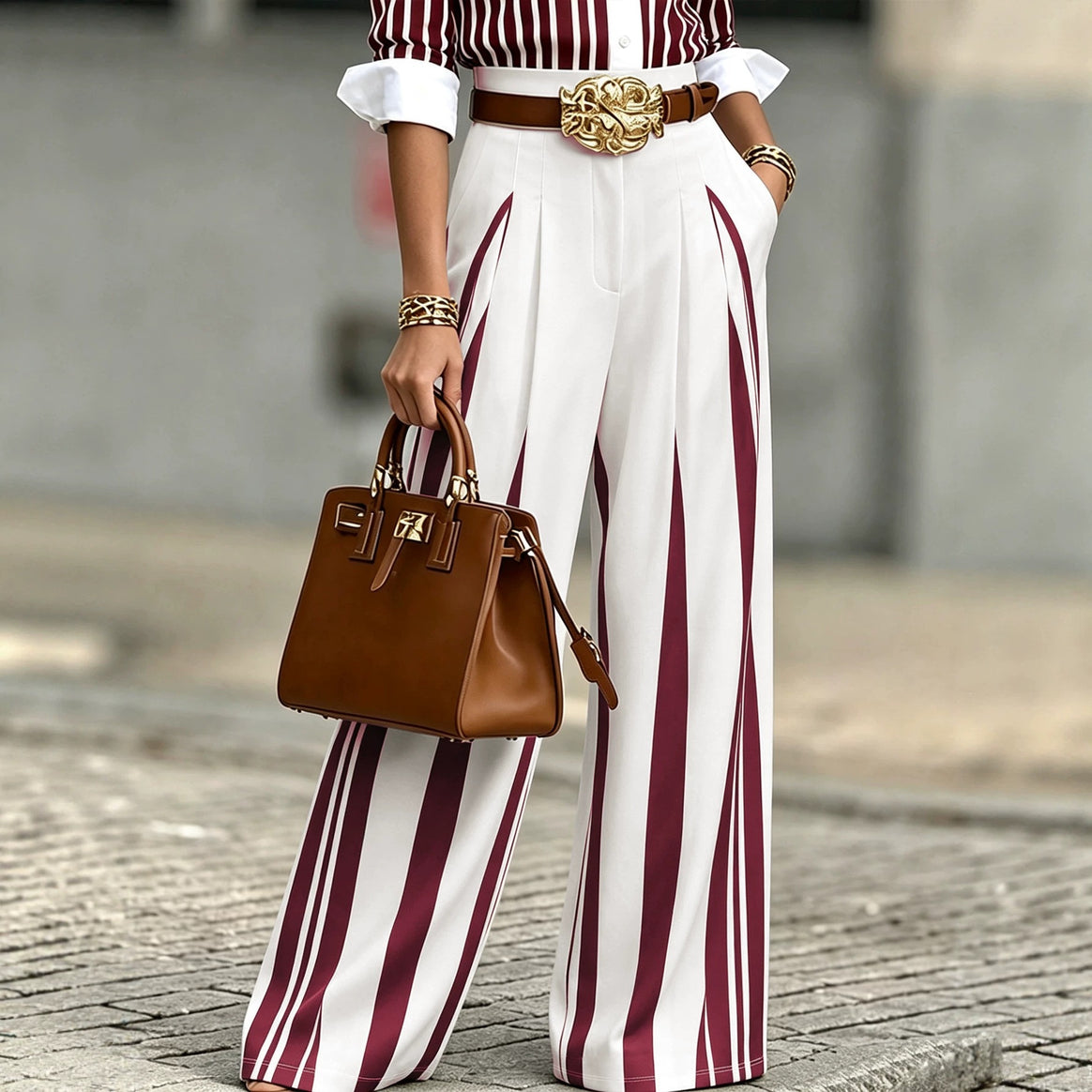 Women's High-Waisted Wide Palazzo Pants with Vertical Stripes and Pleats Mune Fashion