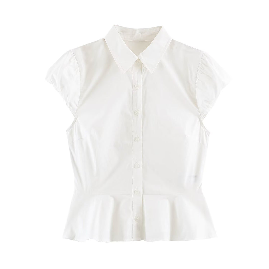 Women's Tailored Short Sleeve Blouse with Peplum, Shirt Collar and Fine Pinstripe Mune Fashion
