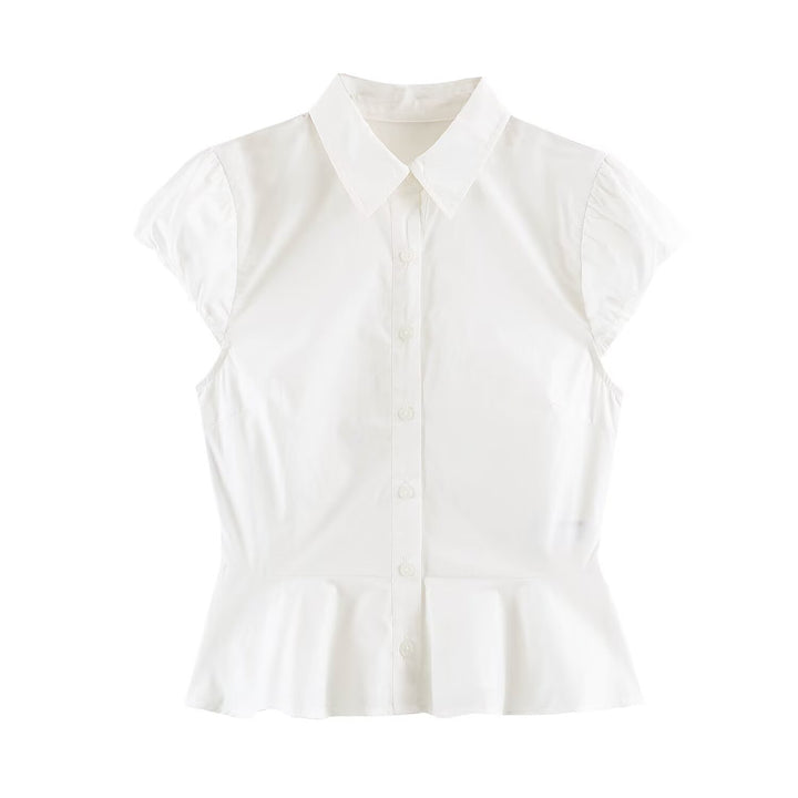 Women's Tailored Short Sleeve Blouse with Peplum, Shirt Collar and Fine Pinstripe Mune Fashion
