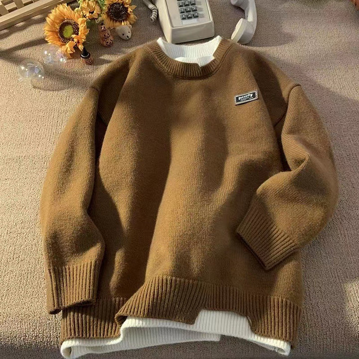 Unisex Oversized Layered Look Knit Sweater with Contrasted Inner Collar and Ribbed Hem Mune Fashion