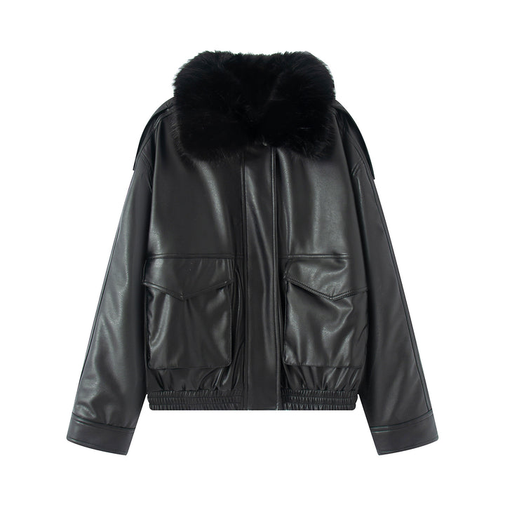 Women's fitted faux leather blouson with voluminous faux fur collar and flap pockets Mune Fashion