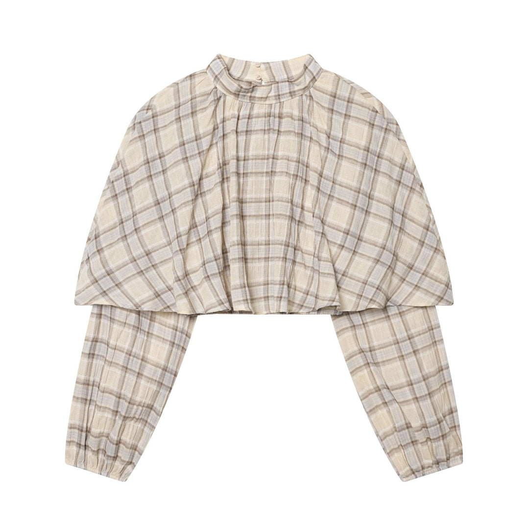 Women's Checked Blouse with Stand-Up Collar, Gathered Yoke and Voluminous Raglan Sleeves Mune Fashion