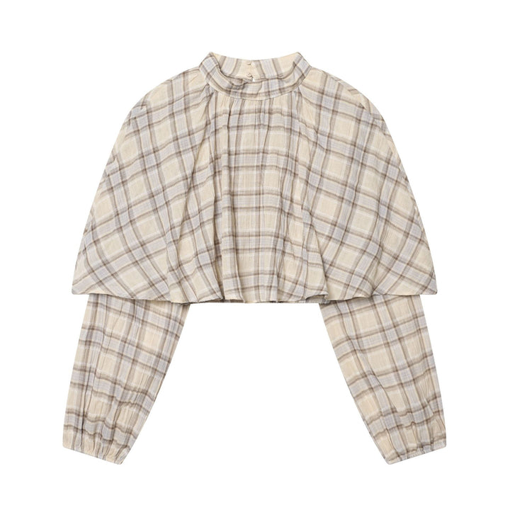 Women's Checked Blouse with Stand-Up Collar, Gathered Yoke and Voluminous Raglan Sleeves Mune Fashion