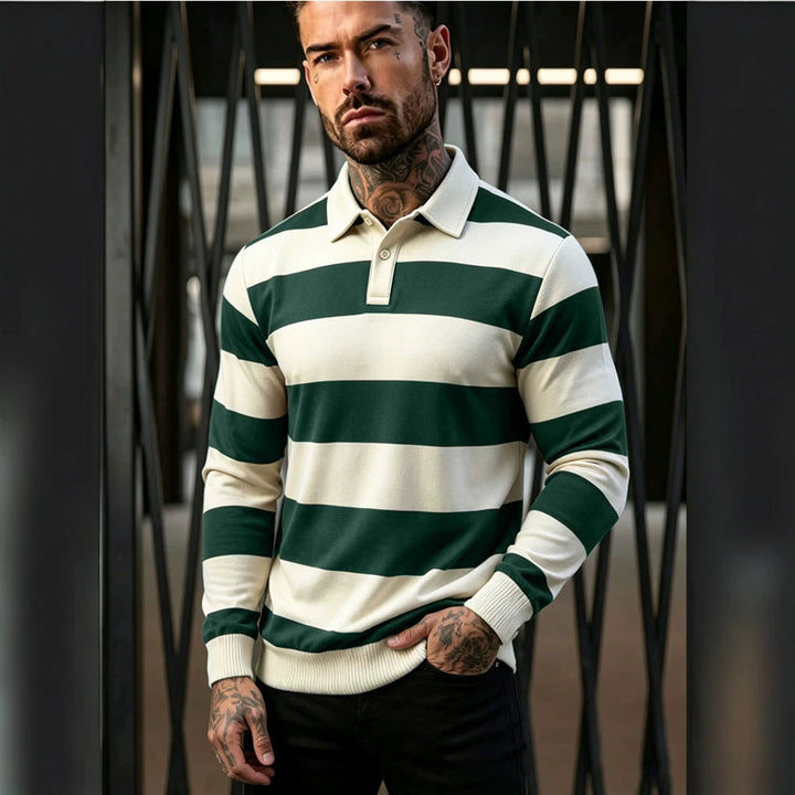 Men's striped rugby polo sweater with button placket and ribbed cuffs Mune Fashion
