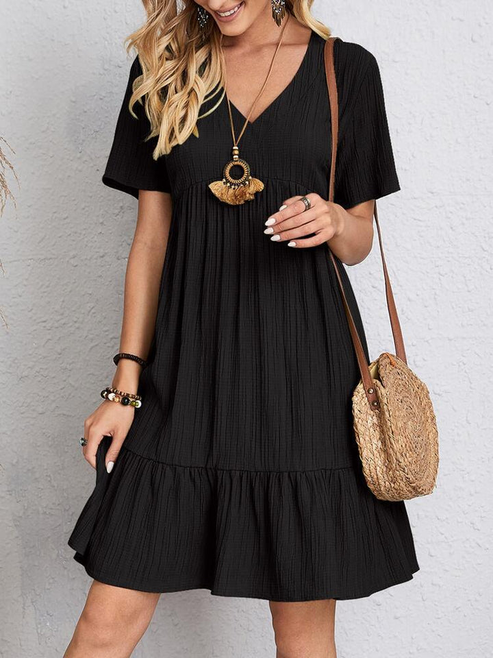 Ladies Nan Crepe Short Dress with V-Neck, Gathered Empire Seam and Ruffled Hem Mune Fashion