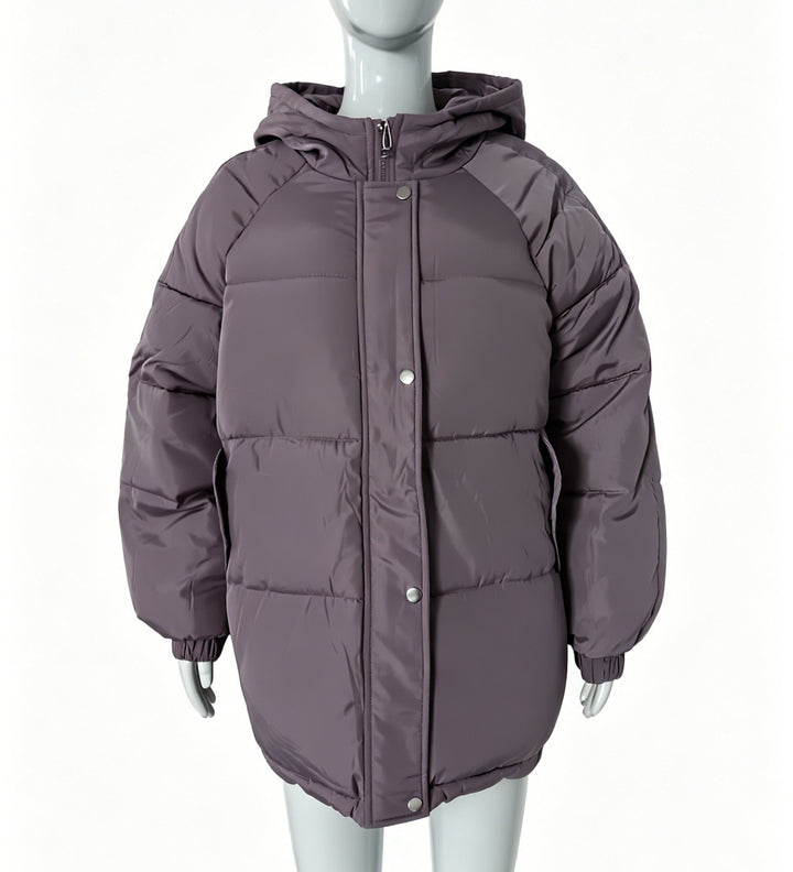 Women's Oversized Quilted Coat with Hood, Snap Button Closure and Elastic Hem Mune Fashion