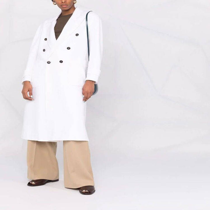 Women Double-breasted Midi Coat in Modern Tailoring with Extended Lapels and Patch Pockets Mune Fashion