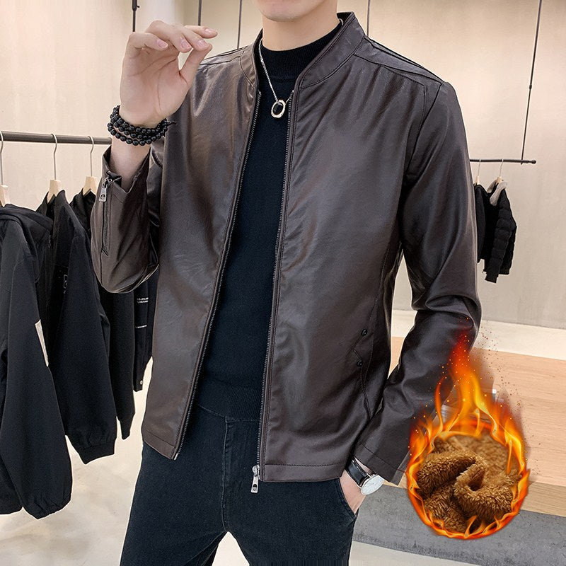 Men's Faux Leather Motorcycle Jacket with Teddy Lining and Stand-Up Collar Mune Fashion