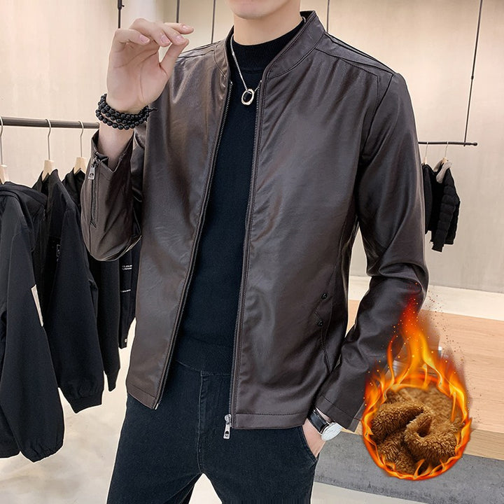 Men's Faux Leather Motorcycle Jacket with Teddy Lining and Stand-Up Collar Mune Fashion