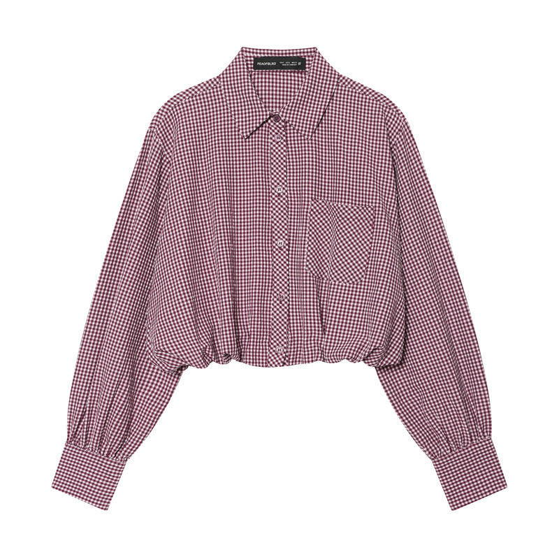 Ladies Short-Cut Checked Blouse with Balloon Sleeves, Elastic Hem and Breast Pocket Mune Fashion