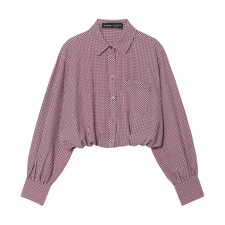 Ladies Short-Cut Checked Blouse with Balloon Sleeves, Elastic Hem and Breast Pocket Mune Fashion