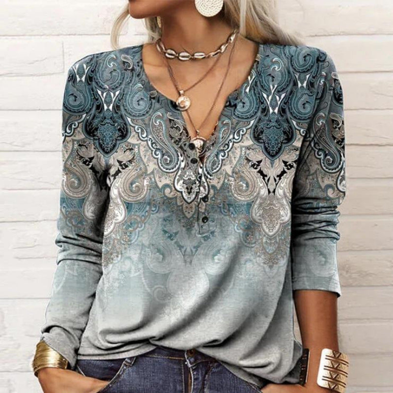 Women Loose Long Sleeve Henley Shirt with V-Neck, Button Placket and Ombre Print Mune Fashion