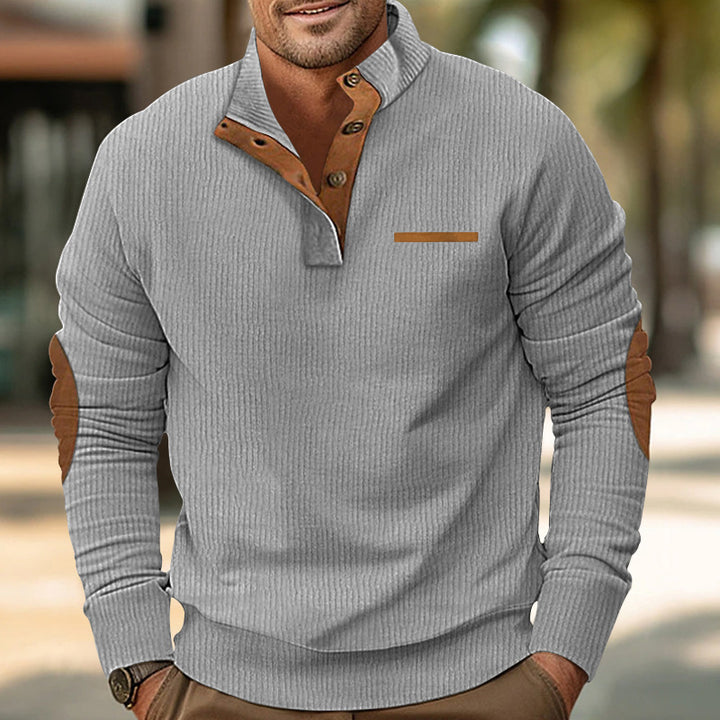 Men's ribbed long sleeve pullover with stand-up collar and faux leather elbow patches Mune Fashion