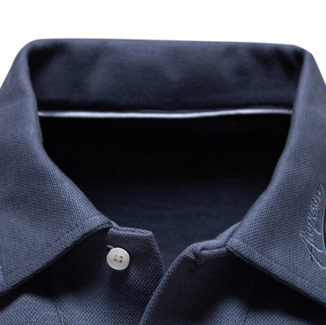 Men's long-sleeved polo shirt with open V-neck, slim fit and tone-on-tone collar embroidery Mune Fashion