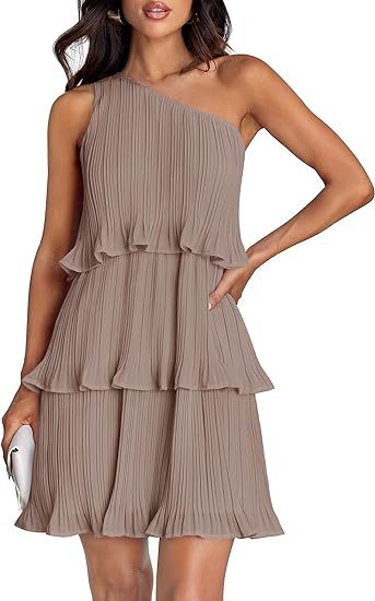 Women's Sleeveless Pleated Tiered Dress with Asymmetrical Shoulder Mune Fashion
