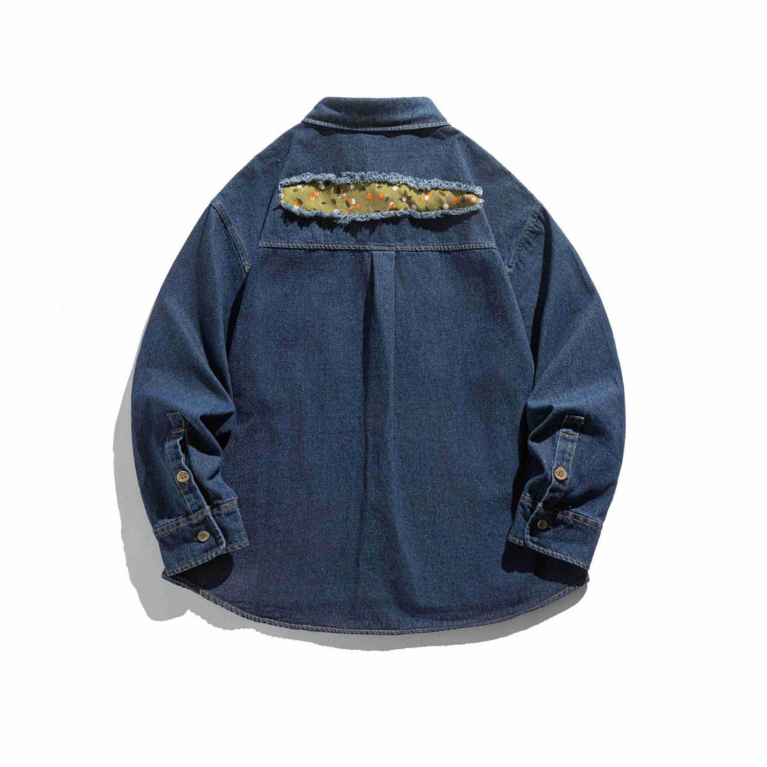 Men's Oversized Denim Shirt Jacket with Used Effects and Camouflage Patches Mune Fashion