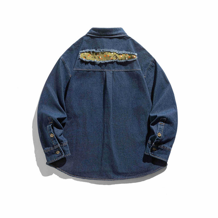 Men's Oversized Denim Shirt Jacket with Used Effects and Camouflage Patches Mune Fashion