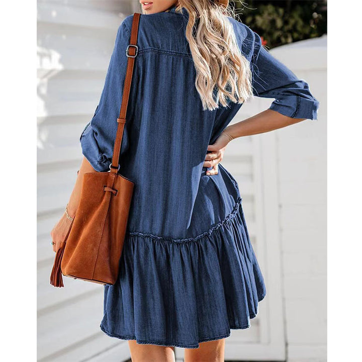 Ladies' casually falling denim shirt dress with ruffle tier and patch pockets Mune Fashion