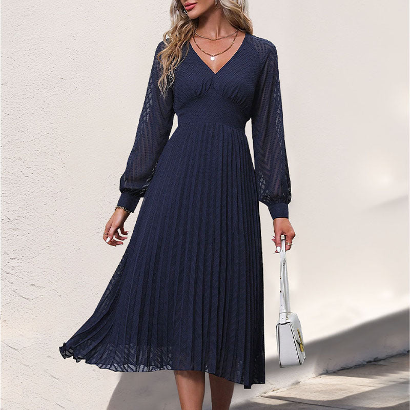 Women Pleated Midi Dress with V-Neck and Long Sleeves Mune Fashion